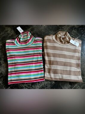 Bundle Gap Cotton Soft Knit Turtleneck Shirt Long Sleeve Tan Pink Striped Top